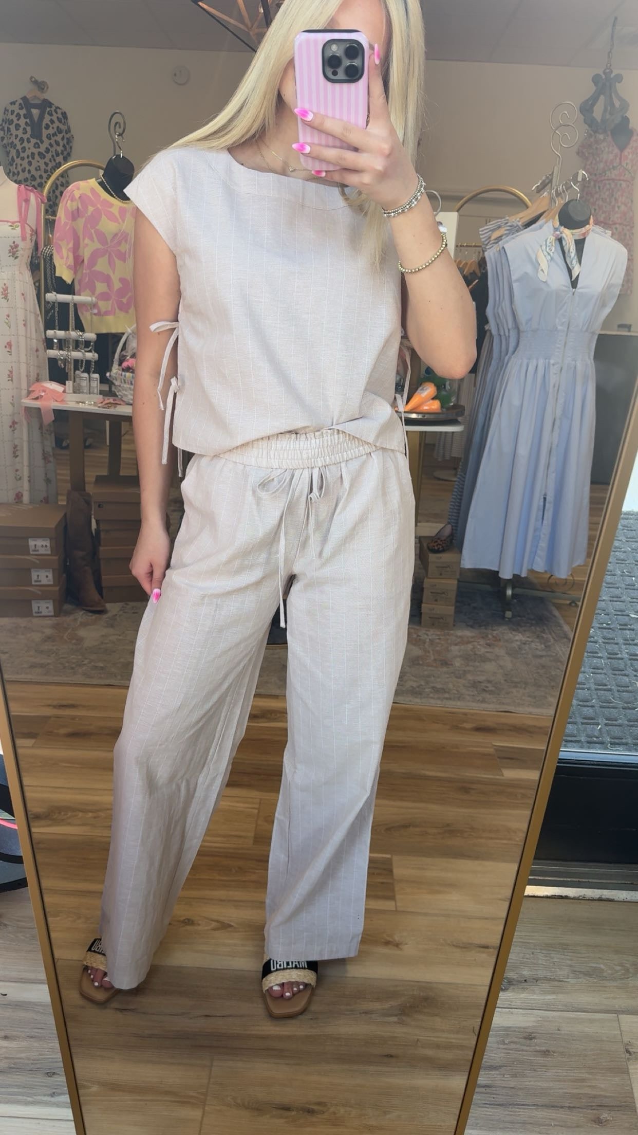 Beige/white striped linen pants (set)