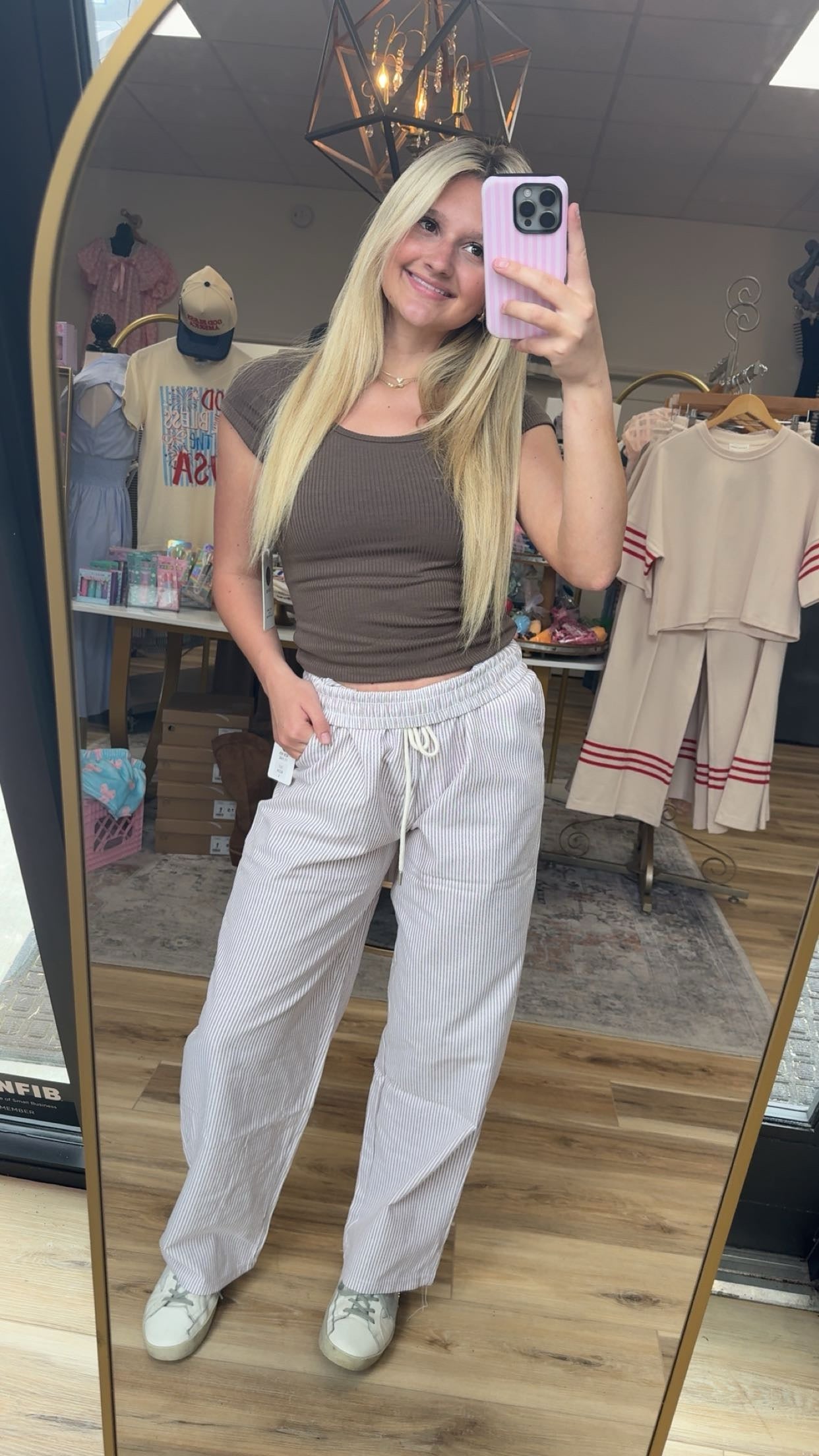 Brown/white striped linen pants