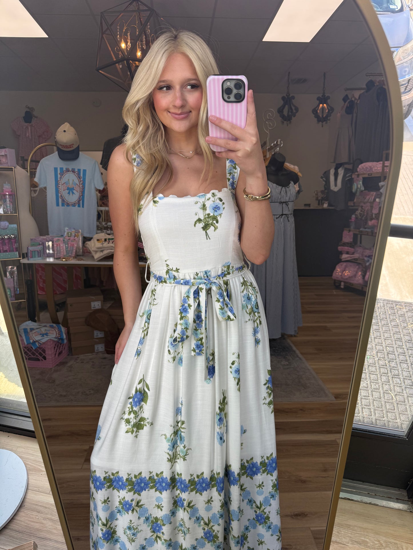 White/Blue Tie Floral Maxi