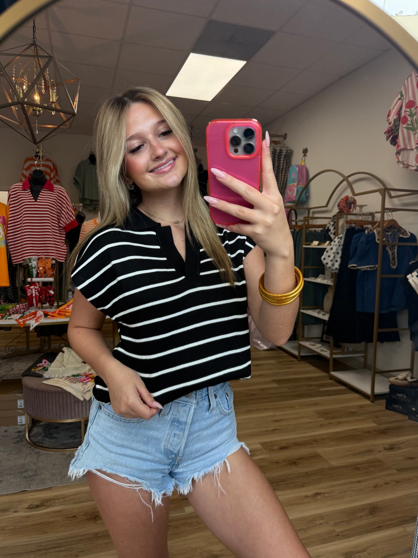 Black/White Striped Collared Top