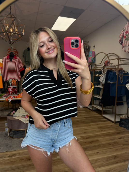 Black/White Striped Collared Top