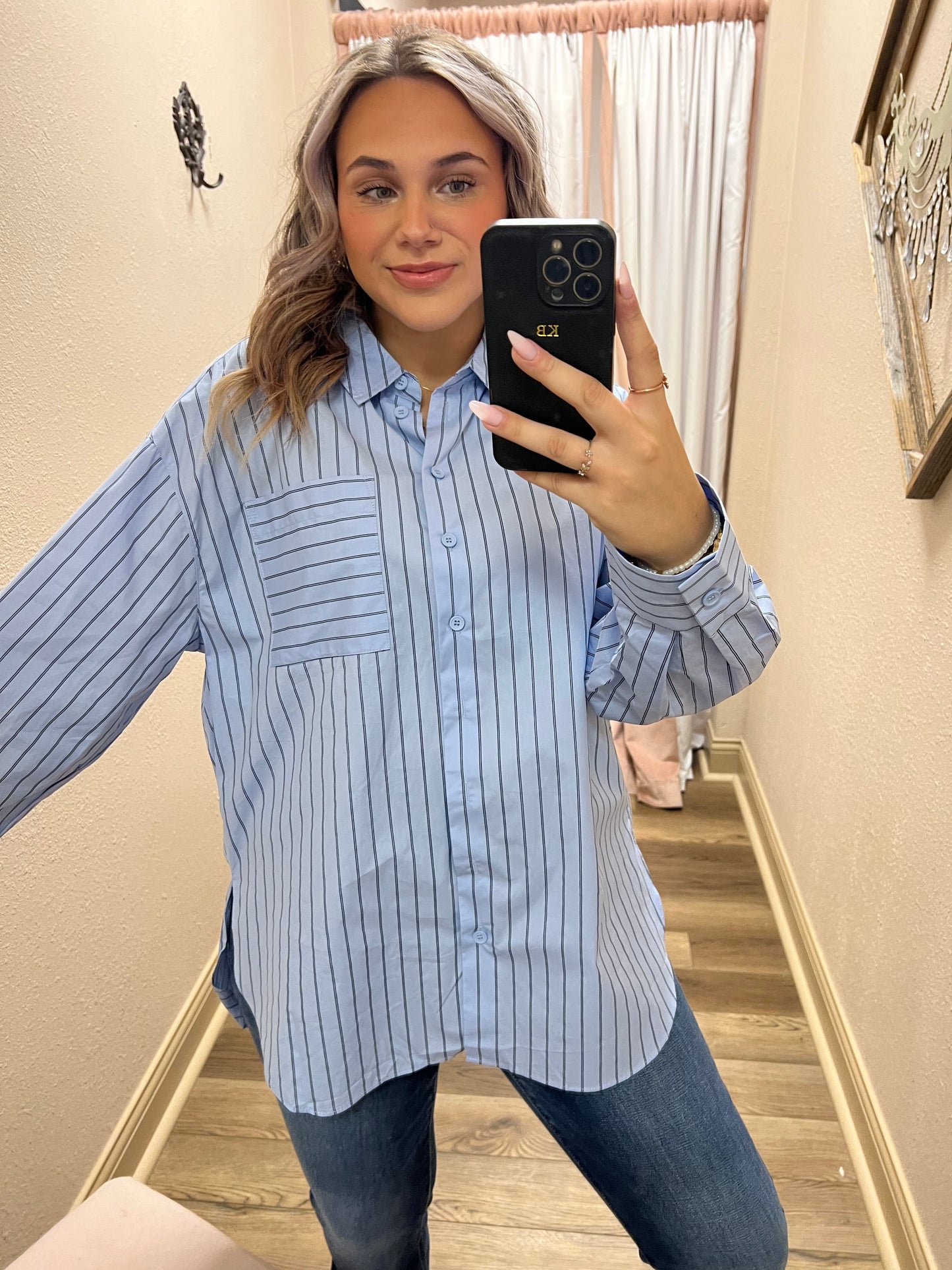 Blue Striped Button Down Top