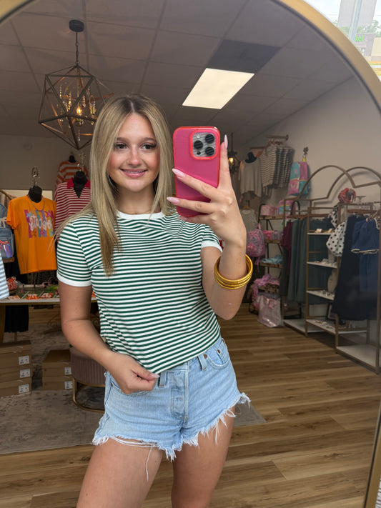 Striped Green/White Striped Cuffed Shirt