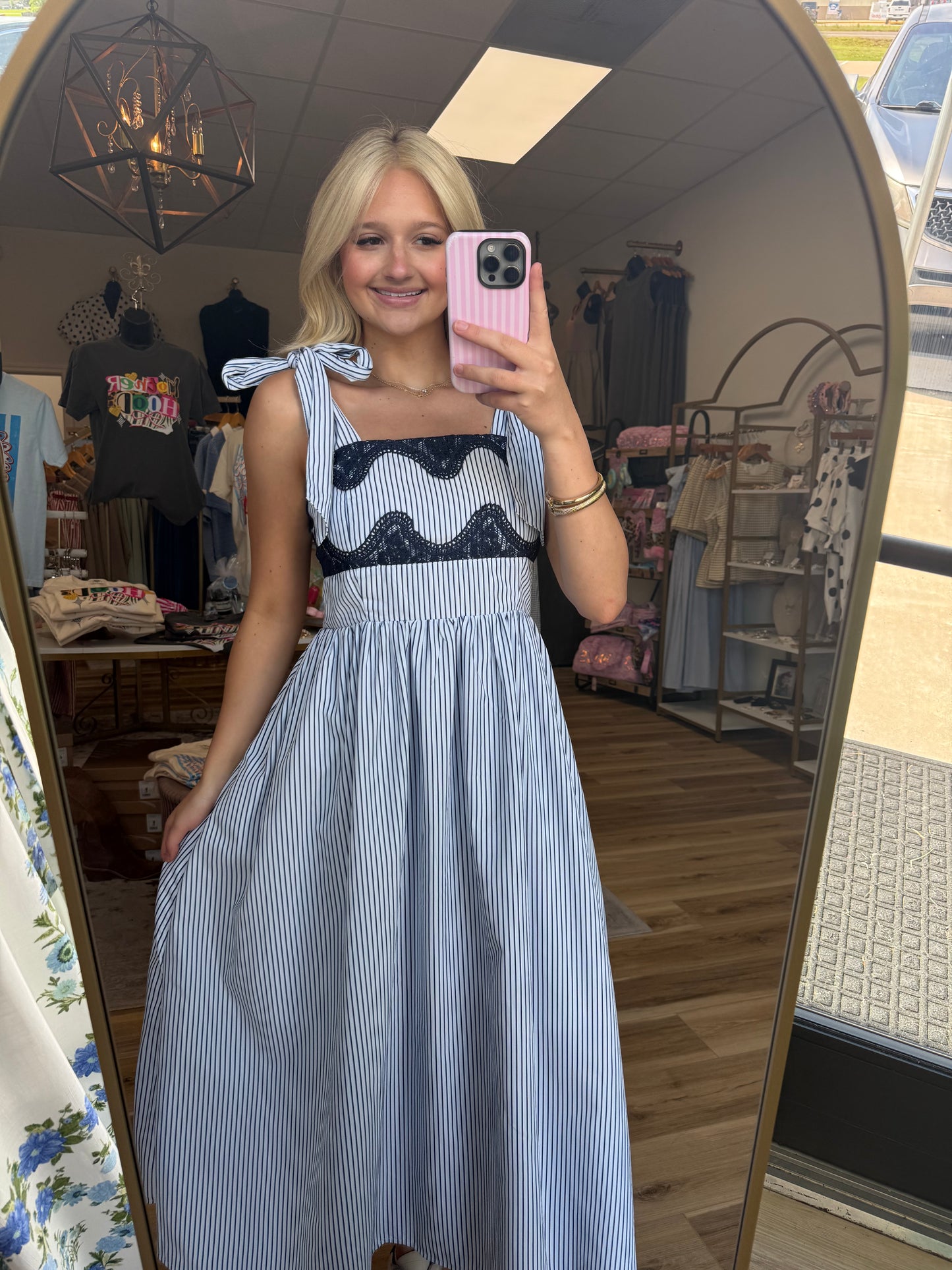 Blue Striped Lace Detail Maxi