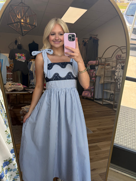Blue Striped Lace Detail Maxi