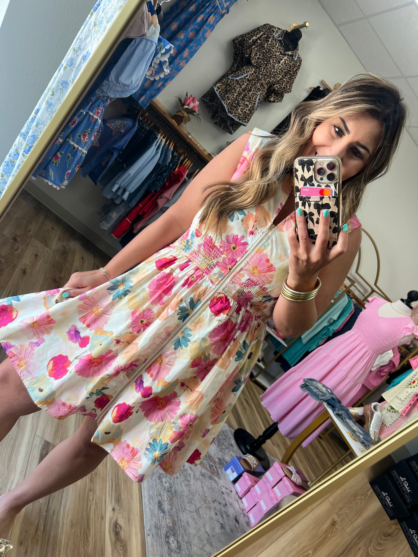 Water Color Floral Zipper Dress