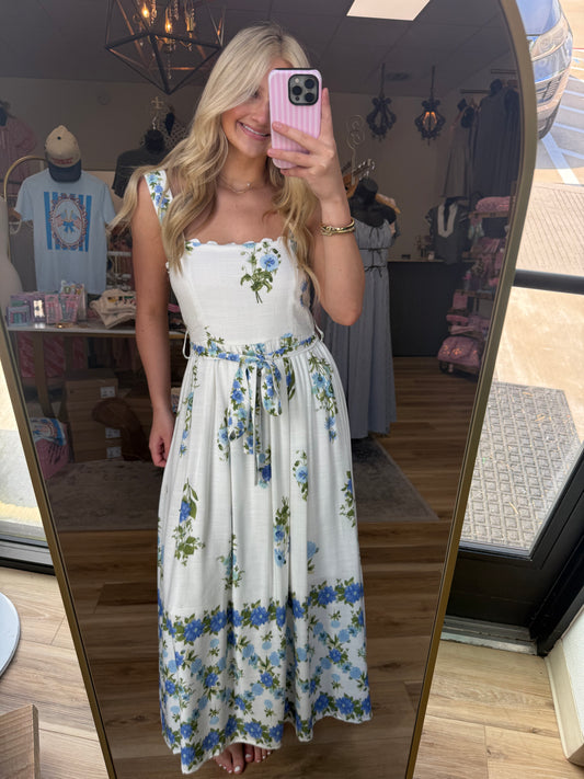 White/Blue Tie Floral Maxi