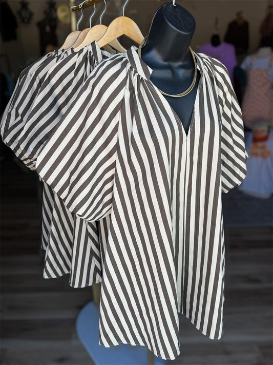 Cream Stripe Puff Sleeve Dress