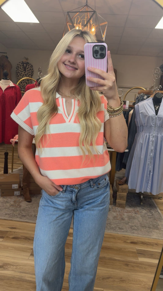 Coral/white striped collared sweater vest