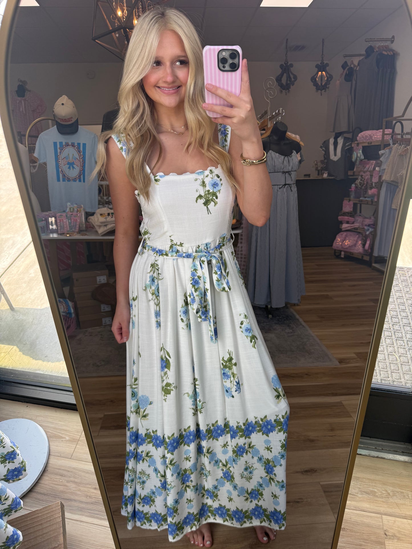 White/Blue Tie Floral Maxi