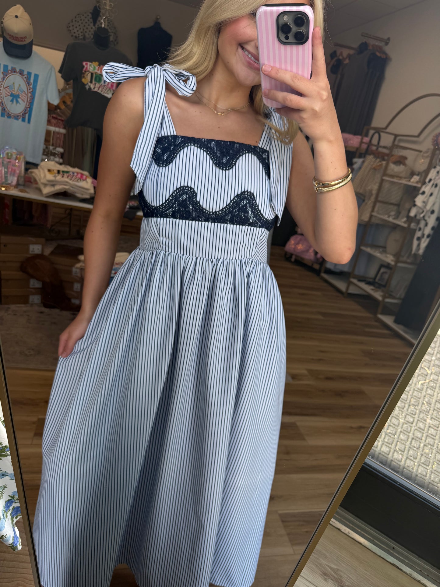 Blue Striped Lace Detail Maxi