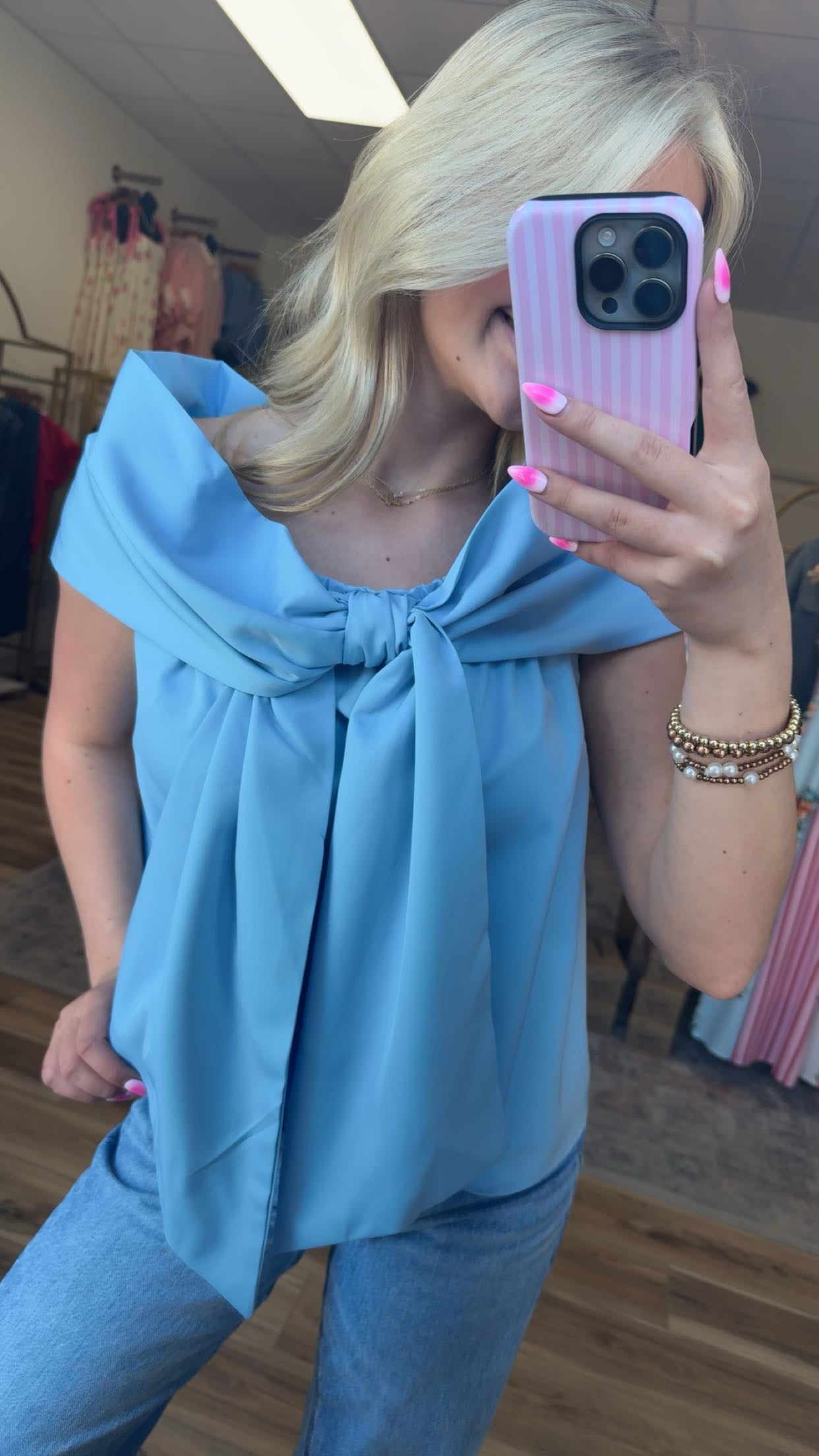 Blue off the shoulder bow shirt