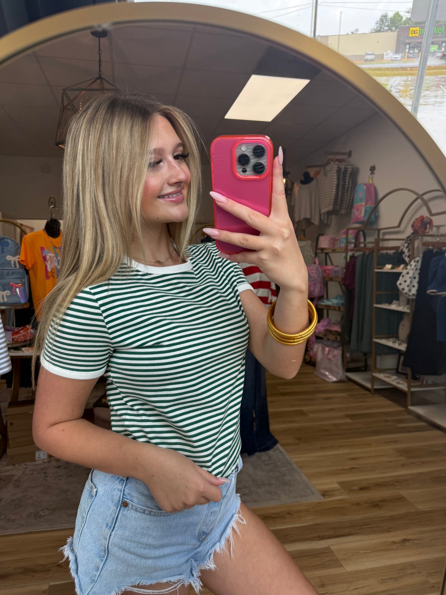 Striped Green/White Striped Cuffed Shirt