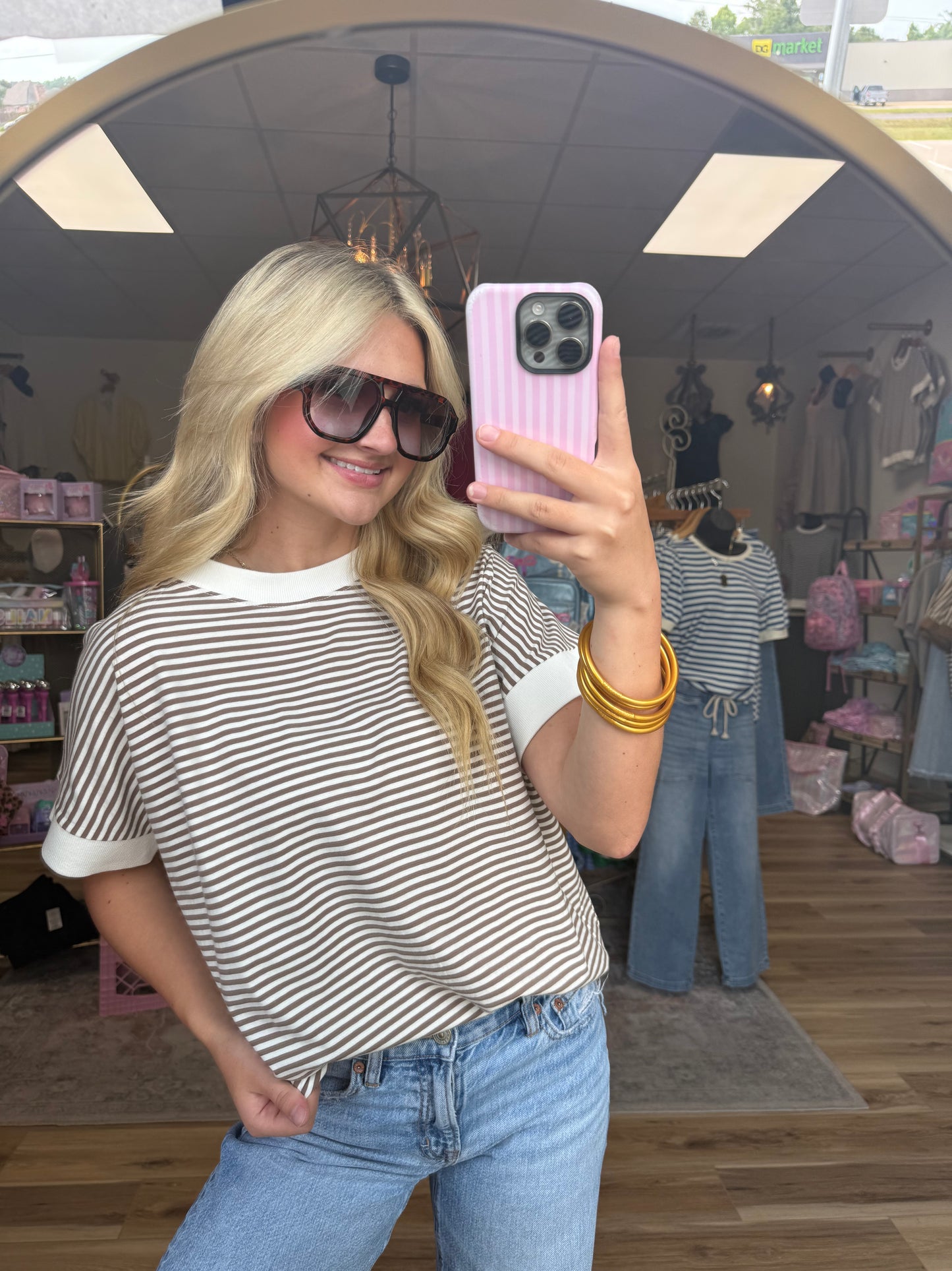 Brown/White Striped Cuffed Tee