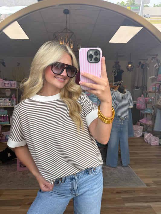 Brown/White Striped Cuffed Tee