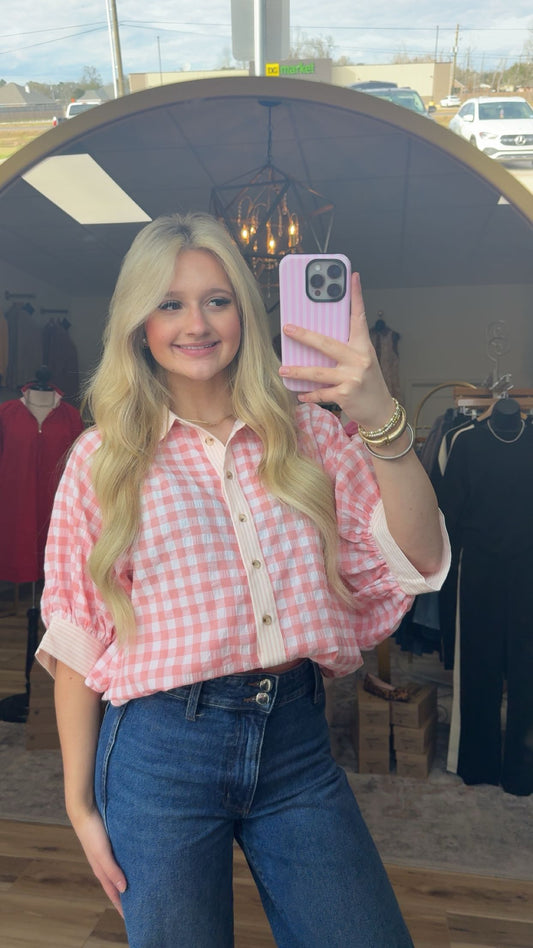 Pink Gingham Button Down Top