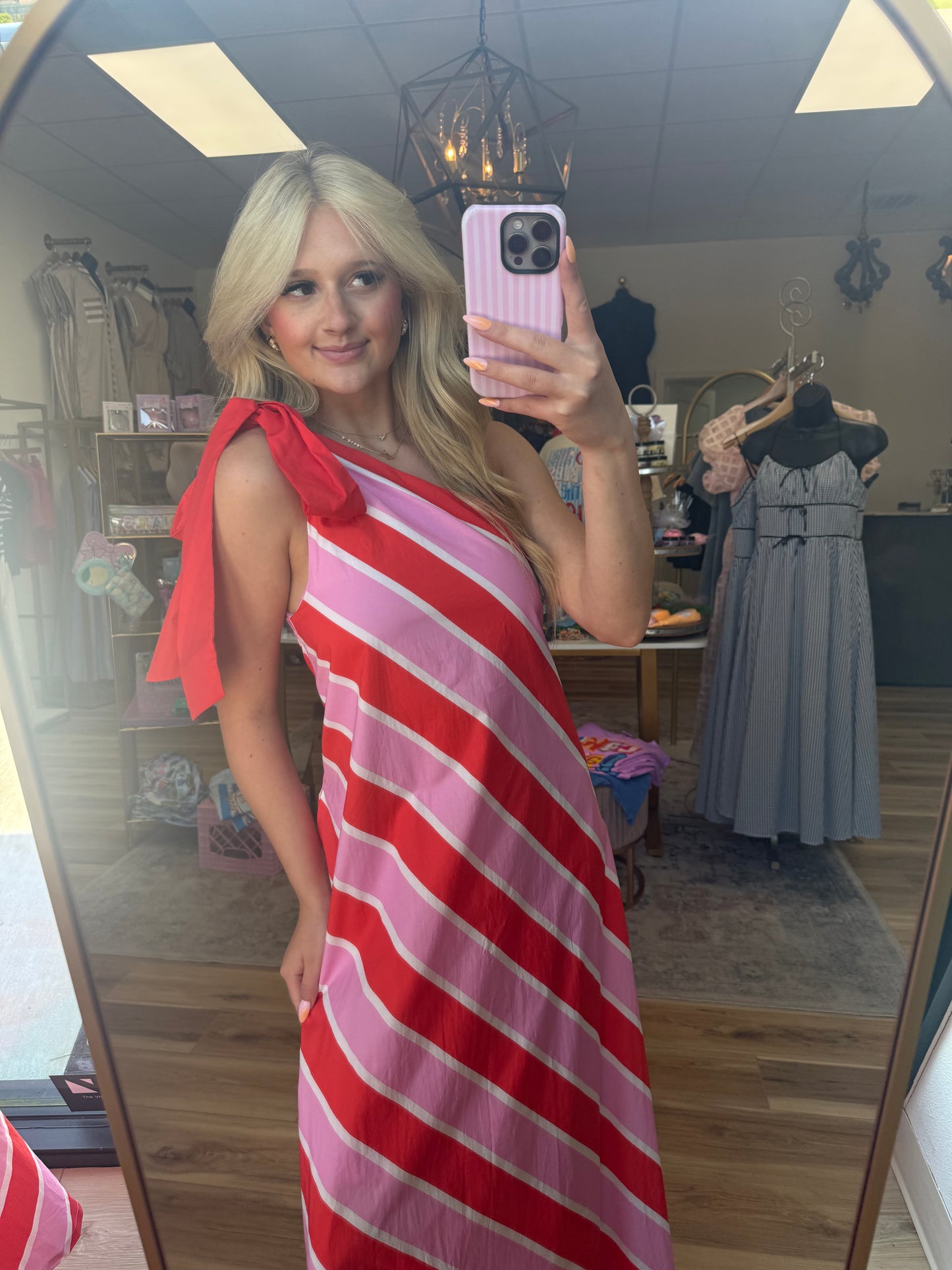 Pink/Red Striped One Shoulder Maxi