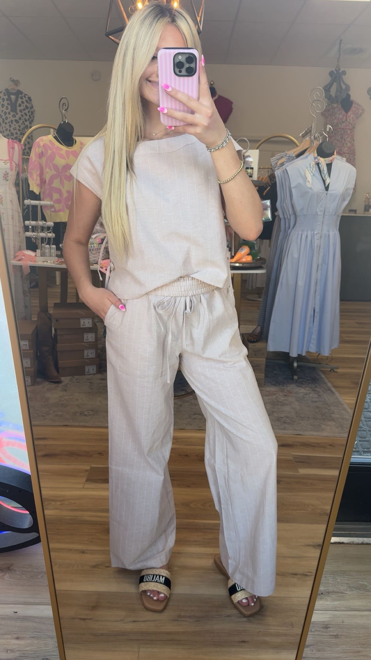 Beige/white striped linen pants (set)