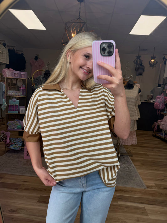 Brown/White Striped Collared Tee