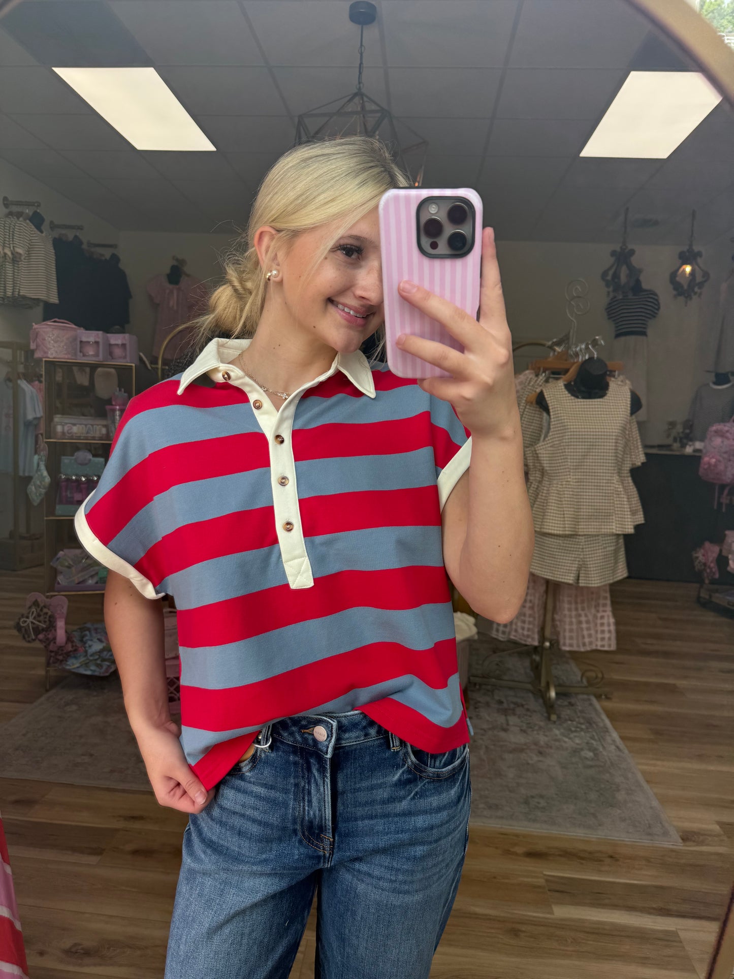 Red/Blue Striped Collared Tee