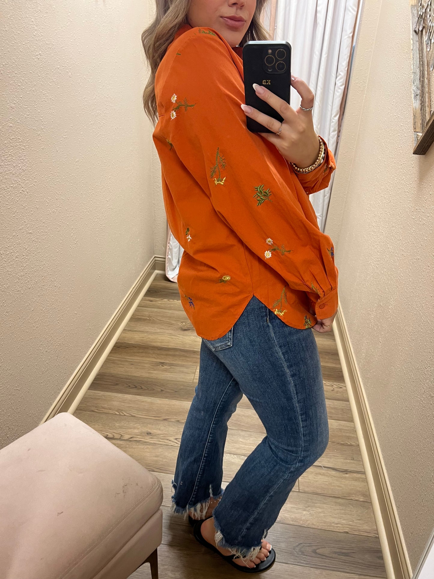 Orange Long Sleeve Floral button Down Top