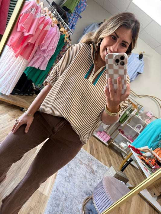 Taupe Stripe W/Teal Top