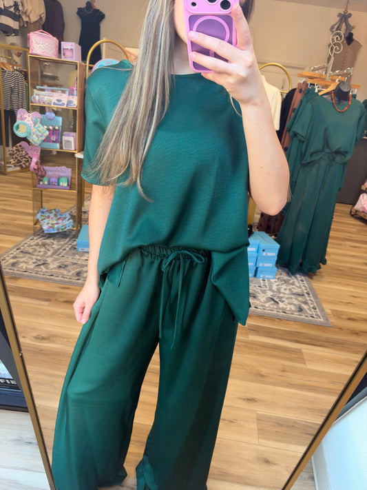 Dark Green Satin Two Piece Set