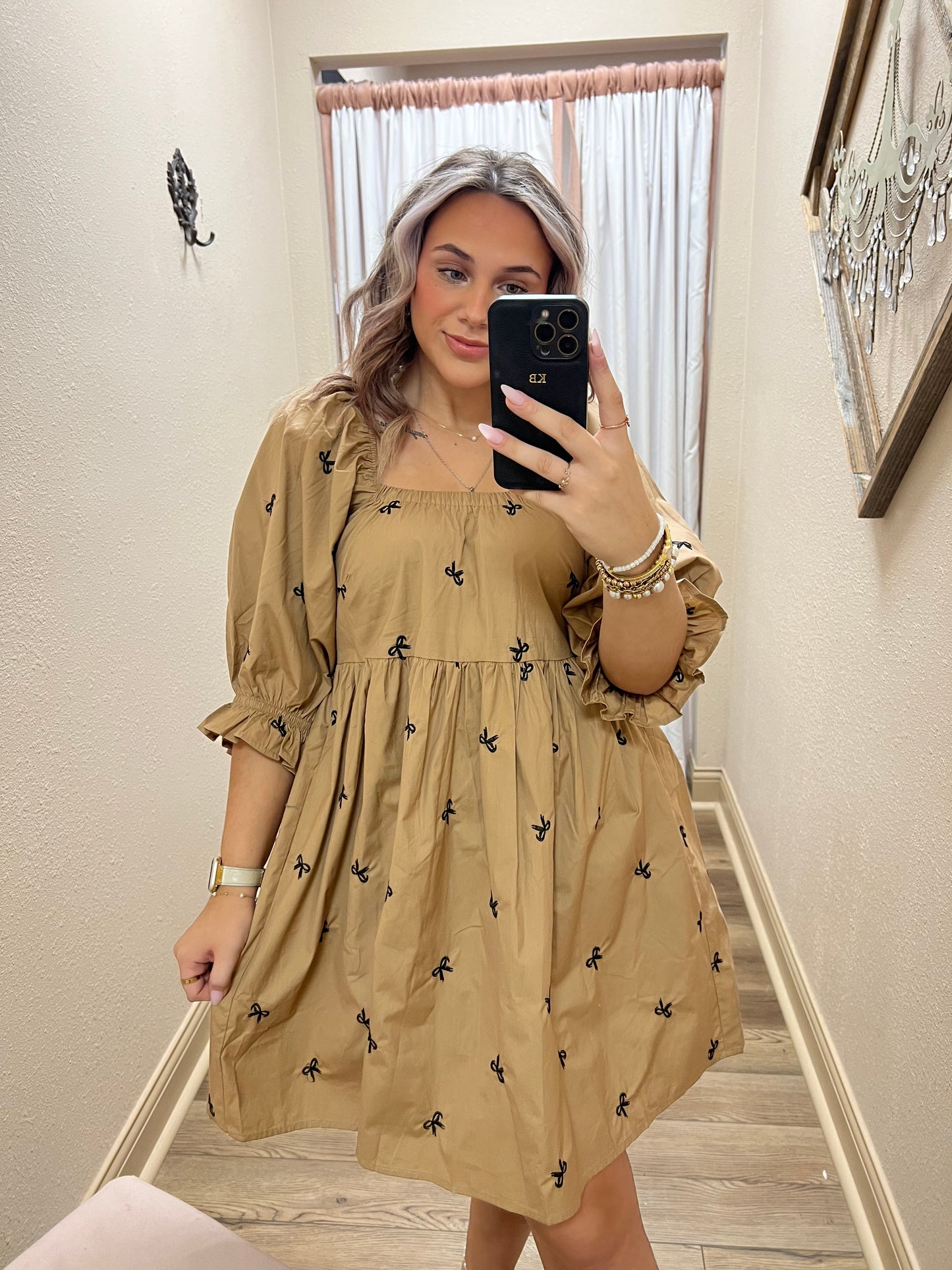 Brown with Bows Puff Sleeve Dress With Pockets