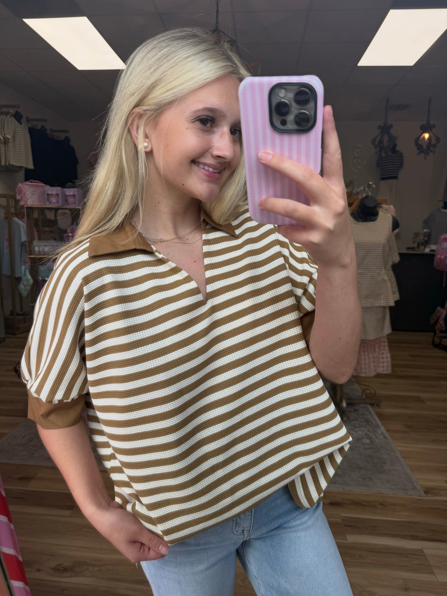 Brown/White Striped Collared Tee