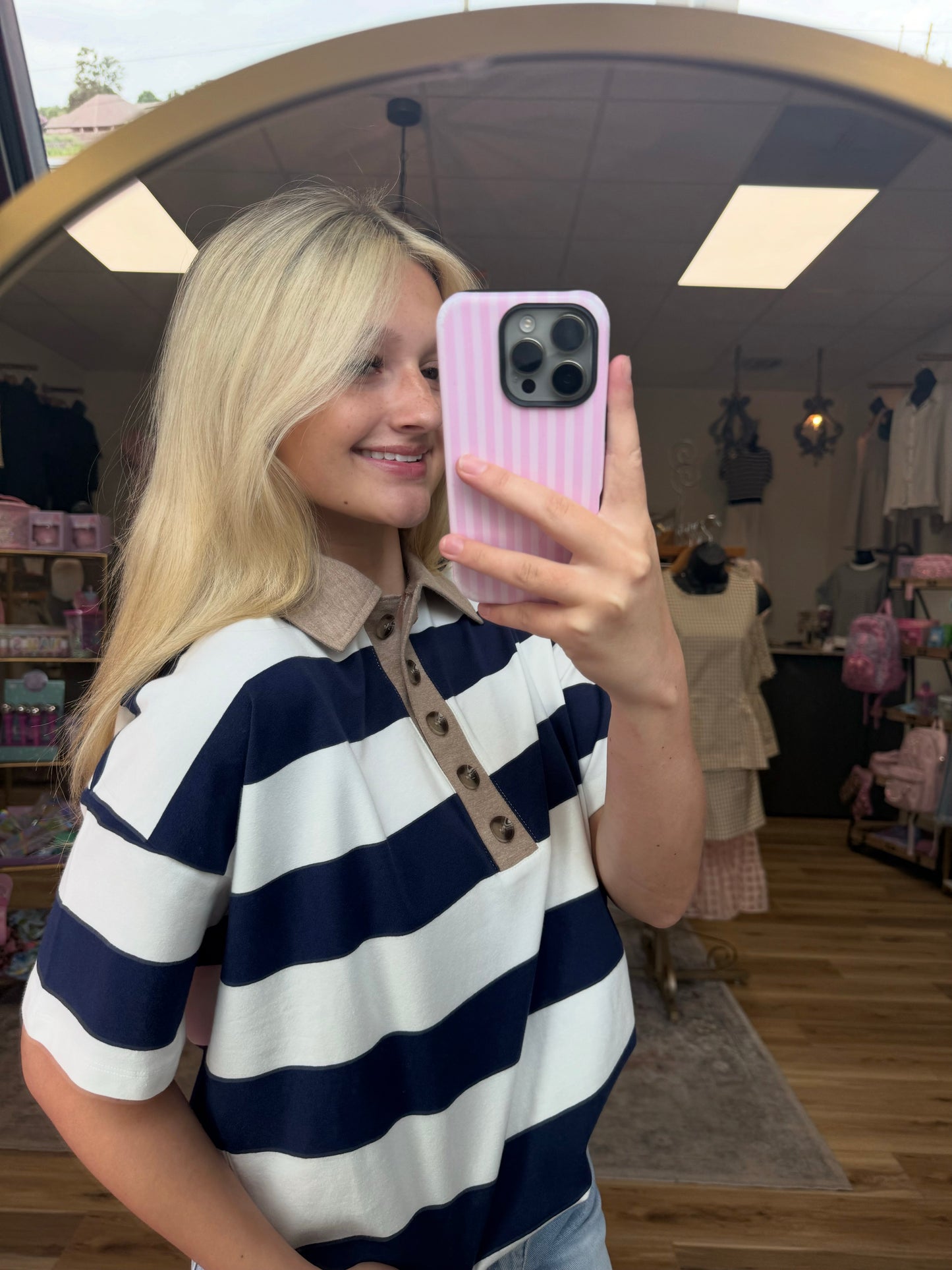 Navy/White Striped Collared Tee