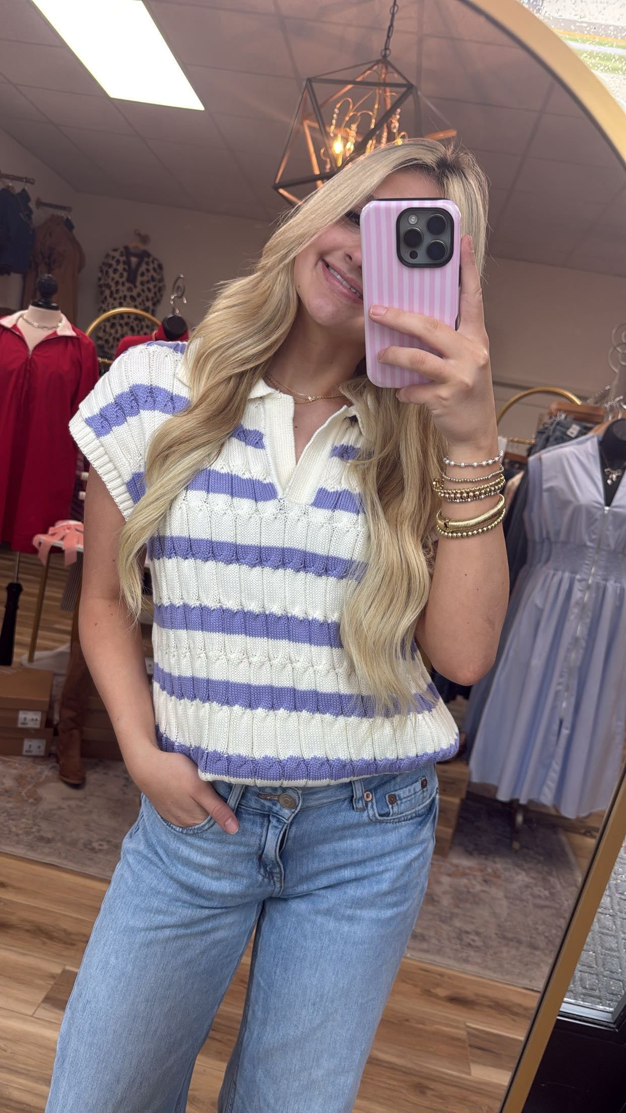 Purple/Cream Stripe Short Sleeve Sweater