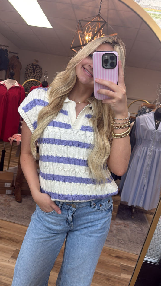 Purple/white striped collared shirt
