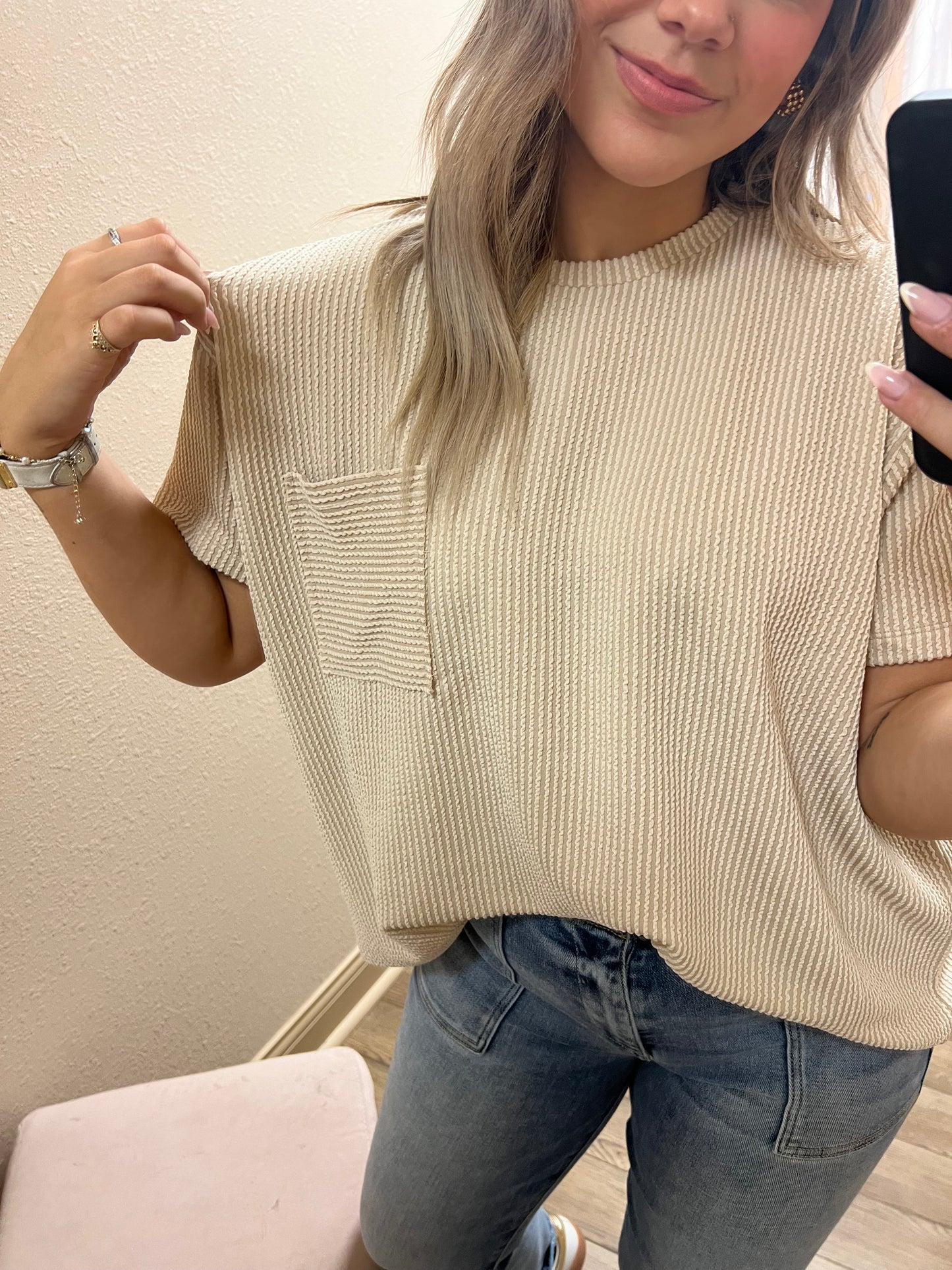 Sand Ribbed Top with Pocket