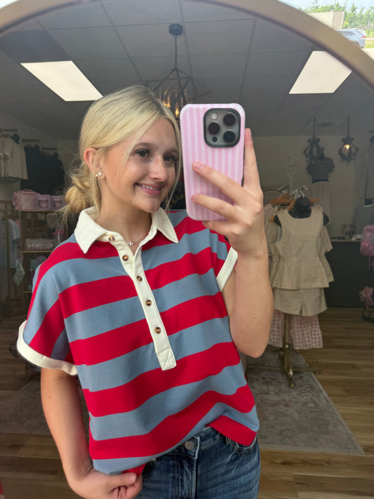 Red/Blue Striped Collared Tee