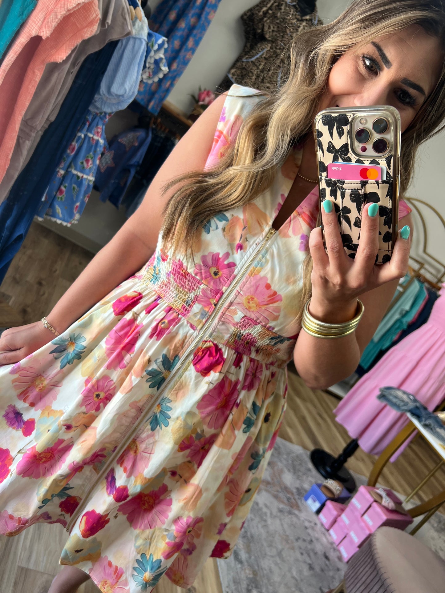 Water Color Floral Zipper Dress