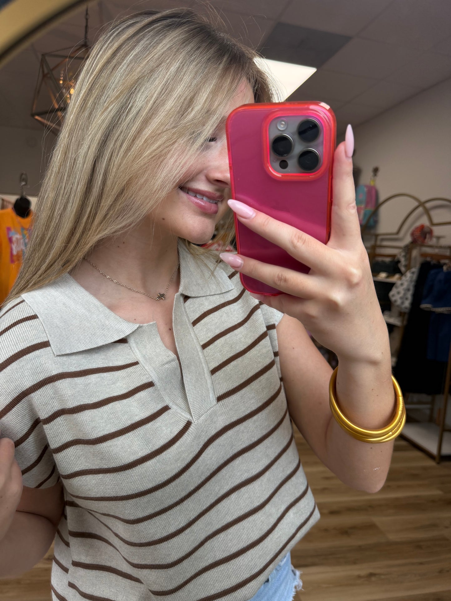 Beige/Brown Striped Collared Top