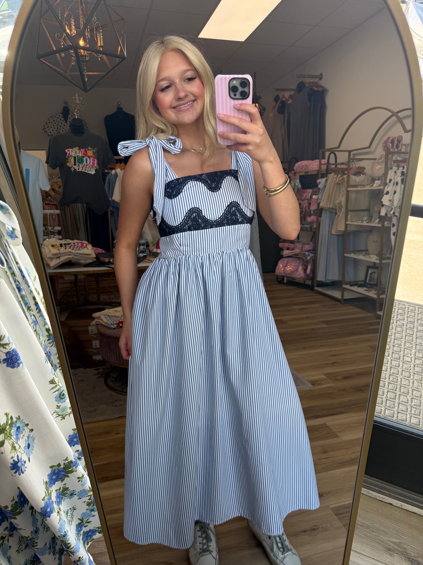 Blue Striped Lace Detail Maxi