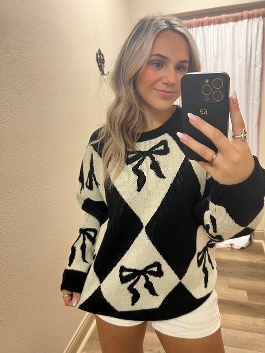 Black and White Diamond Bow Sweater