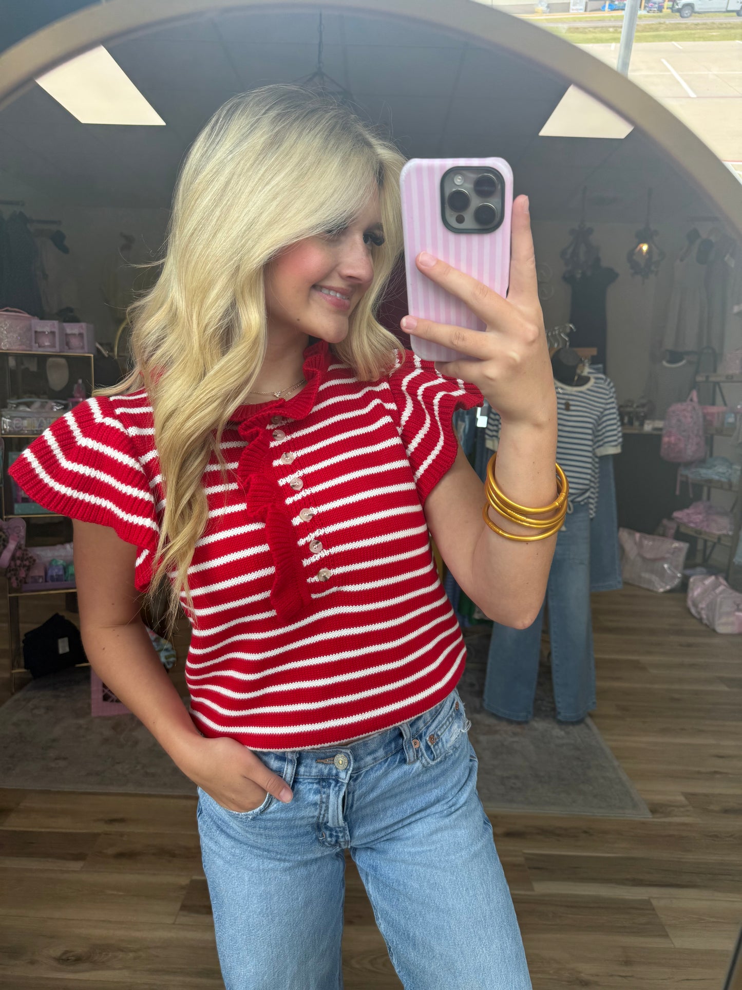 Red/White Striped Ruffled Top