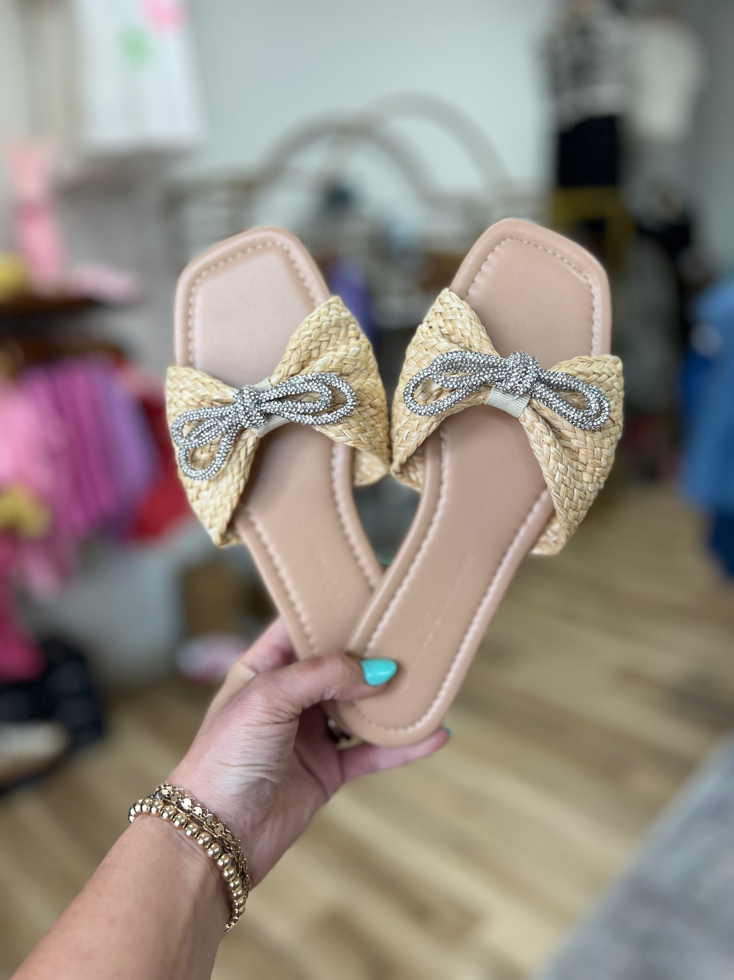 Natural Rhinestone Bow Sandal
