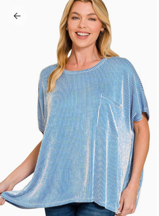 Blue Ribbed Pocket Top