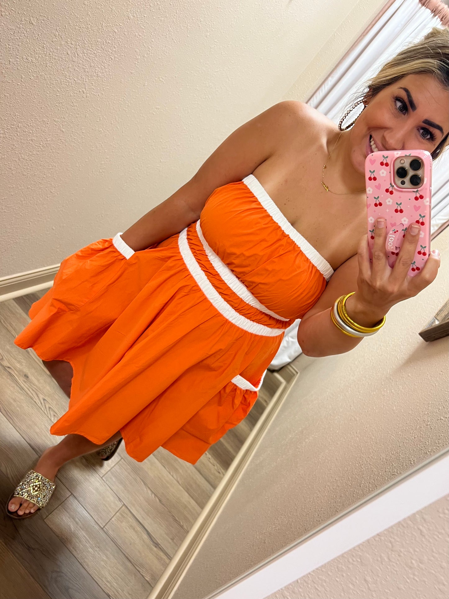 Orange/White Strapless Dress