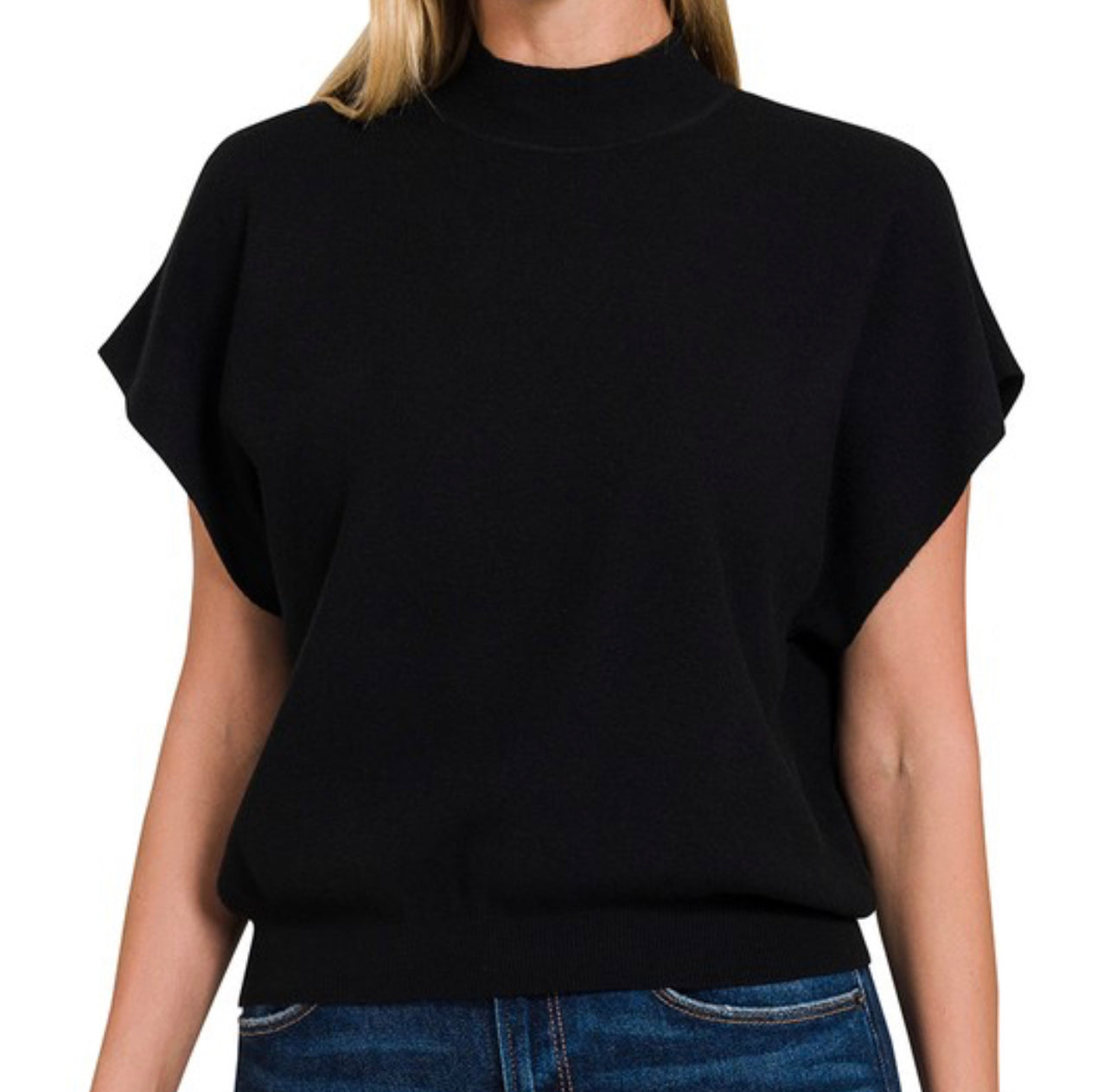 Black Mock Neck Short Sleeve Sweater