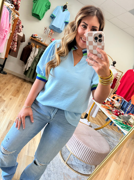 Baby Blue Green Stripe Top