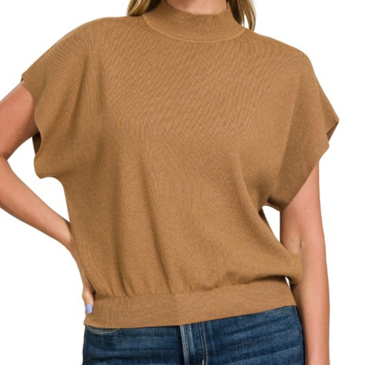 Camel Mock Neck Short Sleeve Sweater