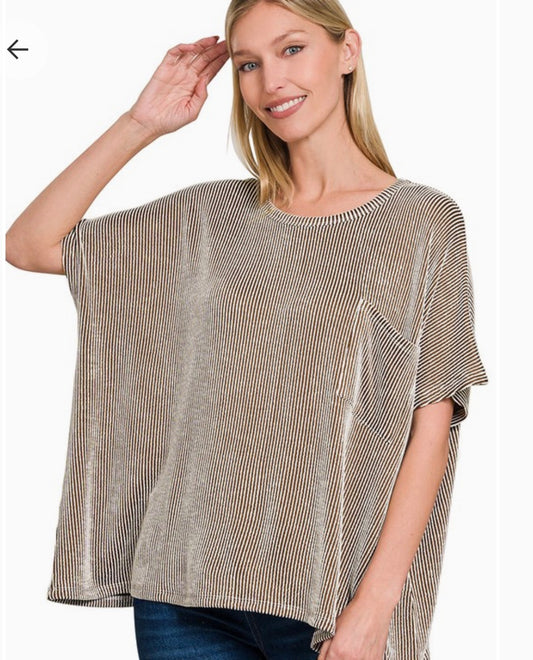 Brown Ribbed Pocket Top