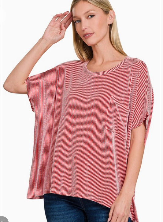 Red Ribbed Pocket Top