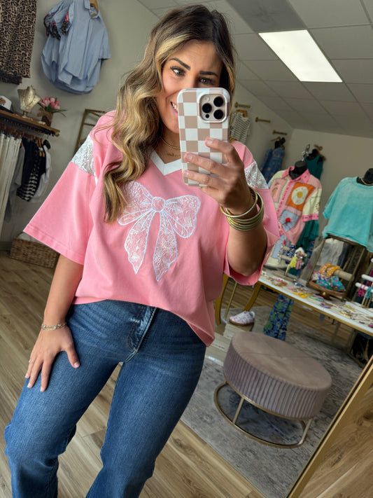 Pink Lace Bow Top