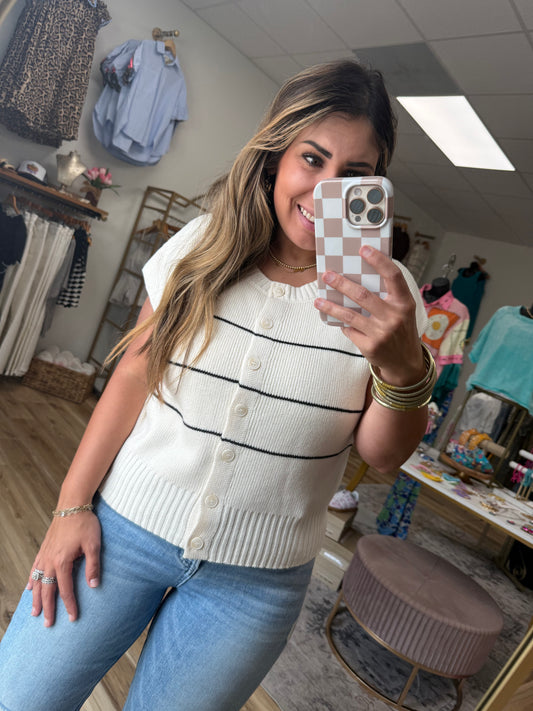 Cream/Black Stripe Button Knit Top