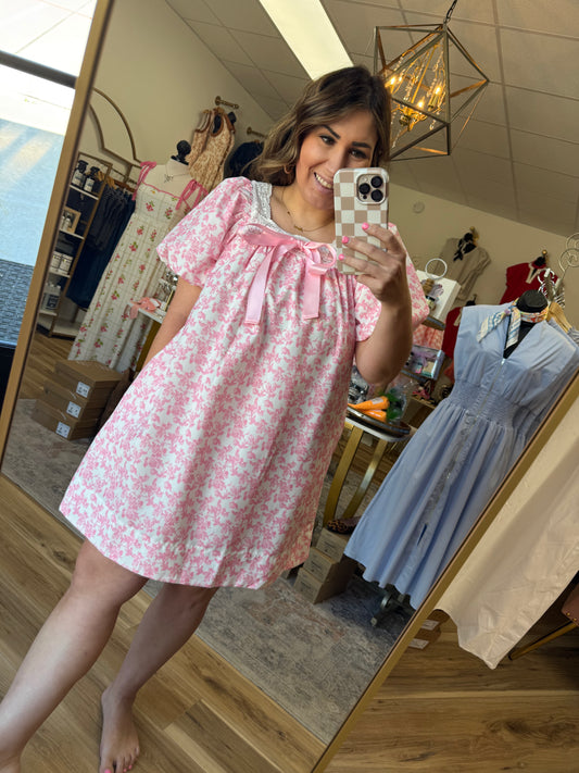 Pink Floral Satin Bow Dress